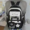 Mochila xadrez color block com bordado de gato de desenho animado, fresca e doce, mochila escolar fofa e leve para meninas do ensino fundamental e médio
