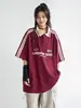 Camiseta de Manga Curta Listrada Estilo College para Casal Unissex Verão Tendência Nacional Street Style Gola Reversível Versátil Tendência Marca Tee
