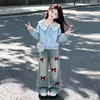 Moletom Estilo Coreano Doce Estilo College Gola Azul Marinho para Crianças Médias e Grandes Conjunto de Duas Peças Calças Wide-Leg Versáteis Casuais Primavera/Outono 2026