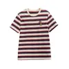 Camiseta de Verano Cómoda de Manga Corta con Cuello Redondo para Mujer, Rayas Bloque de Color Inspiradas en el Diseño, Bordado de Mono Pequeño 093