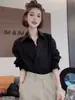 Camisa listrada de manga comprida com gola irregular estilo coreano para mulheres, de alta qualidade, luxo leve, rejuvenescedora, estilosa, top nicho francês