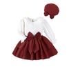 Traje de falda princesa color vino tinto con lazo y top blanco con cuello floral para niñas europeas y americanas transfronterizas de Amazon