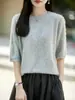 Suéter Casual de Punto de Lana con Cuello Redondo y Media Manga para Mujer, Jersey Holgado, 100% Lana Pura, Suéter Elegante y Acogedor