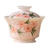 Tigela Coberta Rosa Pêssego Pintada à Mão com Flores de Pessegueiro Conjunto Único de Chá Kung Fu de Alto Padrão Conjunto de Chá Que Não Queima as Mãos Tigela de Chá de Cerâmica Xícara de Chá com Tampa