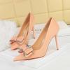 3265-H36 Zapatos de tacón alto estilo coreano para banquetes, tacón de aguja, tacón superalto, boca baja, puntiagudos, con lazo de diamantes de imitación para mujer