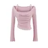 Estilo puramente sensual, hombros descubiertos, cuello de amarre, camiseta de manga larga para mujer, diseño de otoño, cuello halter, top ajustado, camiseta básica