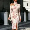 Transfronterizo Nuevo Estampado Digital Casual Personalidad Moda Temperamento Vestido de Manga Larga Hombros Descubiertos Falda Primavera y Otoño Mujer