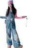 Conjunto Macacão Feminino Alça Fina Estilo Hot Girl Outono Lavado Rasgado Bolso Macacão Jeans 2026 Top