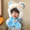 Gorro y bufanda de invierno para niños, de una pieza, con bonitos dibujos animados, esponjoso, a la moda para mujer, con orejas y cuello a juego.