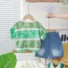 Terno de verão para bebês masculinos 2025, novo, meninos, verão, fino, tie-dye, manga curta, estilo ocidental, roupas de duas peças, atacado