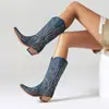 Botas Martin 48 Calle Oeste 40 Estilo Nacional Bordadas de Caña Media Gruesas Comercio Exterior Chino Nuevo Estilo Botas de Jinete Botas Vaqueras Mujer