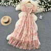 Vestido Floral Delicado Estilo Francês com Mangas Bufantes para Mulheres, Versão Coreana de Verão, Decote Quadrado, Cintura Alta, Modelo Evasê Elegante em Camadas, Emagrecedor