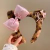 Diadema de Peluche con Orejas de Gato y Lazo con Estampado de Leopardo Dulce y Fresca para Mujer, Pinza para el Cabello de Dibujos Animados Linda, Diadema para Lavarse la Cara para Otoño e Invierno