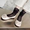 Zapatos planos japoneses de piel de oveja con lazo, bonitos y bonitos, primavera 2025, con punta redonda, boca baja, de cuero genuino y suela blanda.
