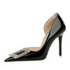 638-K63 tacones altos de banquete tacón de aguja charol boca poco profunda punta lateral hueco hebilla cuadrada de metal con pedrería zapatos