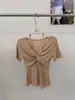 Camiseta de Manga Corta Azul con Adorno de Encaje Trenzado Estilo Coreano para Mujer, Top de Verano Ajustado