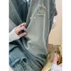 Calça jeans larga com strass azul claro para mulheres, novo estilo outono 2026, cintura alta versátil, que cobre o quadril, design rasgado, calça de comprimento total