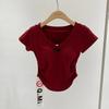 Camiseta de Manga Corta con Lazo Ajustada Ajustada Espalda Descubierta Cuello en V Combinable Moda Nicho Ins Chica Picante Pura Top Sexy