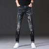 Pantalones de Mezclilla con Pintura en Spray para Hombre Elásticos Pierna Recta Pies Pequeños Rotos Mendigo Juveniles Modernos Estilo Coreano Graffiti Casual Pantalones de Hombre