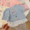 Tops Estilosos para Niñas de Manga Corta, Lindos, con Adorno de Encaje y Moño, Color Caramelo, Ropa de Verano para Bebés Transfronteriza