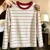 Camiseta listrada de manga longa 100% algodão para meninas 2026 novo estilo primavera e outono top casual versátil em blocos de cor camada base infantil