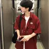 Camisa Roja de Manga Corta de Verano Estilo Japonés Moda de Hong Kong Ins Camisa Holgada para Hombre Tendencia Versátil Chaqueta Casual Moda Masculina