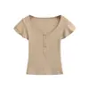 Atacado de Roupas Femininas Transfronteiriças Verão Novo Slim Fit Gola U Grande Manga Flare Bainha Abertura Frontal Manga Curta Pulôver Camiseta