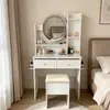 Penteadeira Branca Minimalista Moderna para Quarto, Apartamento Pequeno, com Espelho Redondo Iluminado, Mesa Grande para Maquiagem com Banqueta Estofada Macia