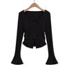 Cárdigan elegante de punto puro para chica sexy con cuello en V y manga acampanada para mujer 2023 Otoño Nuevo ajustado abotonado adelgazante camiseta de manga larga