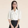 Blusa feminina elegante com laço e drapeado para viagem, nova camisa de verão em cetim com ácido acético branco e manga curta
