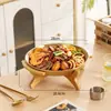 Hecho a Medida de Fábrica Marco de Bambú de Patas Altas Placa de Acero Inoxidable con Fondo Plano, Plato para Mariscos, Plato Redondo para Barbacoa, Plato Redondo para Pizza de Cocina, Plato para Frutas
