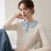 Camisa polo de cachemira para mujer, de manga larga, con cuello y bloques de color, corte ajustado, sencilla, elegante y con un toque de alta gama