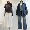 Camiseta de Manga Corta con Bordado de Letras Pesadas para Mujer, Elegante Color Café, Corte Holgado, Versátil Casual Base de Canalé Cepillado