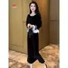 Primavera 2026 Nuevo Estilo Hepburn Elegante Terciopelo Encaje Manga Larga Top y Falda Moda Mujer Conjunto de Dos Piezas