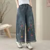 Jeans Rectos de Pierna Ancha Bordados Artísticos para Mujer, Primavera/Verano, Dobladillo Deshilachado Corto, Cintura Elástica, Pantalones Casuales Bordados