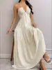 Vestido de Verano Nuevo Estilo Europeo y Americano de Color Sólido Sin Tirantes Sexy Espalda Descubierta con Tirantes para Vacaciones en la Playa y Uso Casual