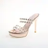 Pantuflas de Tacón Alto de Pasarela para Mujer, Nuevo Estilo Veraniego, Punta Abierta, Tacón Delgado, Sandalias de Plataforma Impermeables, Mocasines Transparentes con Pedrería para Uso en Exteriores
