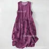 Vestido Casual de Algodão Puro com Estampa Digital Nova, Gola Redonda, Sem Mangas, Comprimento Médio, Para Mulheres, Verão na Praia