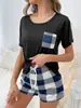 Estilo Europeo y Americano Verano Francés Conjunto de Dos Piezas Ropa de Casa Suéter Manga Corta Cuadros Bolsillo Pantalones Cortos Cuadros Conjunto Pijama para Mujeres