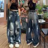 Otoño 2026 Nuevo Talla Grande Estilo Americano Rasgados Graffiti Cintura Alta Sueltos Adelgazantes Pierna Banana Jeans Pantalones de Pierna Ancha para Mujer