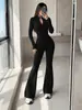 Conjunto de roupas femininas europeias e americanas para comércio exterior transfronteiriço: top cardigã curto texturizado e calça flare de cintura alta que valoriza a silhueta, conjunto de duas peças para o dia a dia