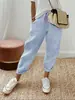 Europa Transfronteiriça Primavera Verão Roupas Femininas Calça Casual Tecida Feminina Cintura Elástica Solta Emagrecedora Cropped Versátil Calça Cenoura Atacado