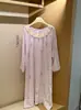 Pijama de algodón Tencel de manga larga KXM para mujer, estilo coreano, camisón perezoso dulce y lindo con encaje, viene con una liga para el pelo a juego