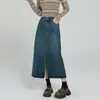 Popular Falda de Largo Medio con Control de Abdomen y Abertura Frontal, Diseño 2025 Azul Claro Botón Falda de Mezclilla Adelgazante para Mujer
