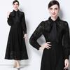 Foto Real de Vestido Elegante de Encaje Soluble en Agua con Clase de Manga Larga y Encaje de Seda con Cordones para Mujer con Cintura Alta y Falda Slim Midi