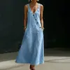 Vestido jeans estilo europeu e americano, vestido longo de verão liso com botões diagonais e alças largas, vestuário feminino transfronteiriço da Amazon