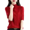 Camisa de Tricô Feminina Cor Sólida Versátil Slim Fit Gola Meia-alta Manga Curta Primavera e Verão 2024 Nova Moda Camiseta de Tricô Manga Curta
