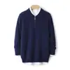 Suéter 100% Lã Pura Masculino Gola Polo Meio Zíper Suéter Solto Espessado Outono e Inverno Novo Tricô Base Lã Suéter