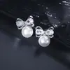 Aretes de Perla con Moño Incrustado de Circonita Estilo Coreano Nuevo Estilo Pendientes de Venta Caliente Diseño de Nicho Pendiente Versátil de Gama Alta