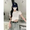 Foto real, preço real Primavera Verão estilo coreano cor sólida versátil básico slim fit gola redonda ombro normal manga curta camiseta camada base top feminino